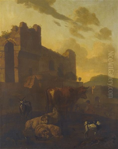 Cows And Sheep At Rest Beside Classical Ruins Oil Painting by Jacob van der Does the Elder