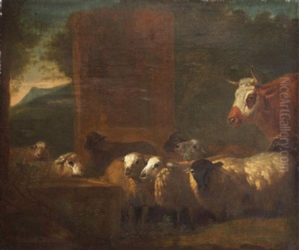 Un Troupeau De Moutons Et Une Vache Pres De L'abreuvoir Oil Painting by Jacob van der Does the Elder