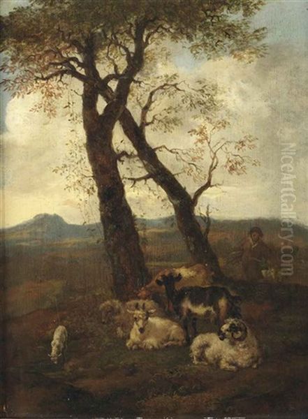 A Hilly Landscape With A Shepherd And His Flock Oil Painting by Jacob van der Does the Elder