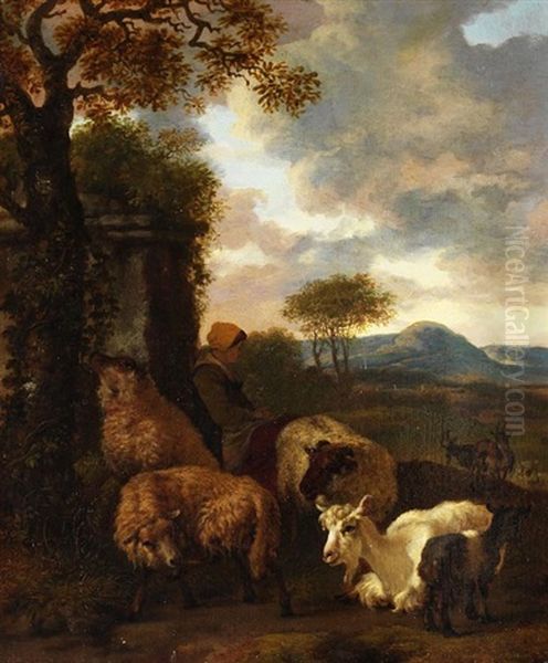 Hirtin Mit Schafherde Oil Painting by Jacob van der Does the Elder