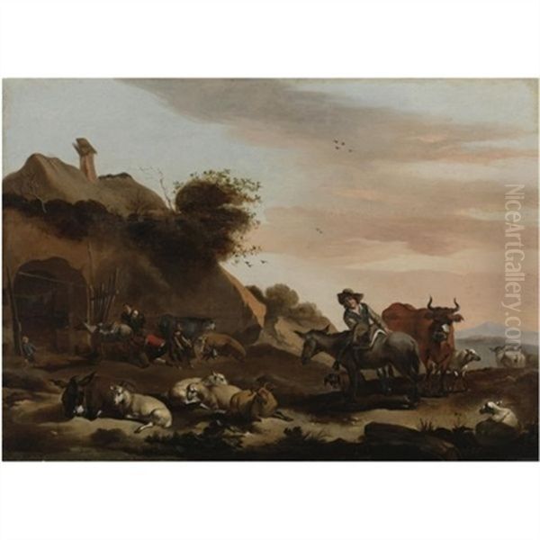 Landscape With Herders Tending To Their Livestock Outside Of A Barn Oil Painting by Jacob van der Does the Elder