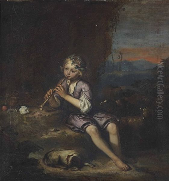 A Rocky Landscape With A Young Shepherd Playing A Flute Oil Painting by Simon van der Does