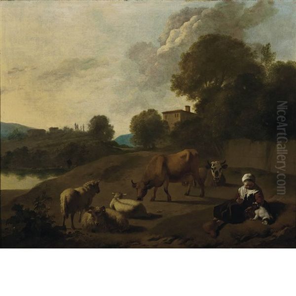 A River Landscape With Cattle, Sheep And A Young Girl Playing With A Dog Oil Painting by Simon van der Does