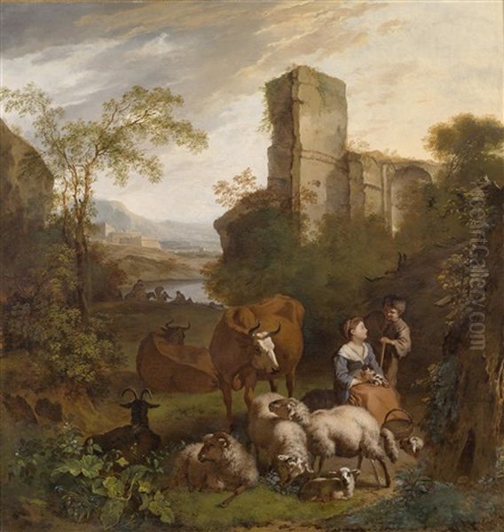 Junges Hirtenpaar In Einer Landschaft Mit Rastenden Reitern, Ruinen Und Einer Festung Oil Painting by Simon van der Does