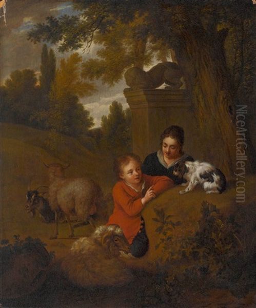 Zwei Kinder Mit Hund, Schafen Und Ziege In Parklandschaft Oil Painting by Simon van der Does