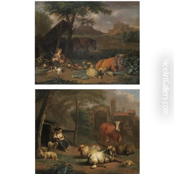 Pastoral Roman Landscapes With A Shepherd Boy And A Shepherd Girl (pair) Oil Painting by Simon van der Does