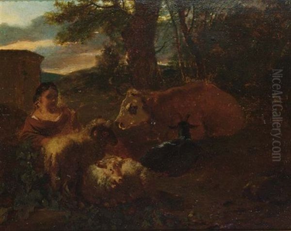 A Pastoral Landscape With A Shepherdess And Her Cattle Resting Oil Painting by Simon van der Does