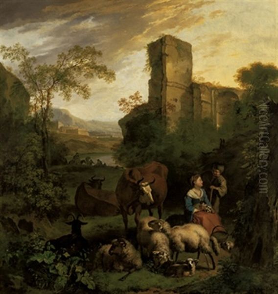 Junges Hirtenpaar In Einer Landschaft Mit Rastenden Reitern, Ruinen Und Einer Festung Oil Painting by Simon van der Does