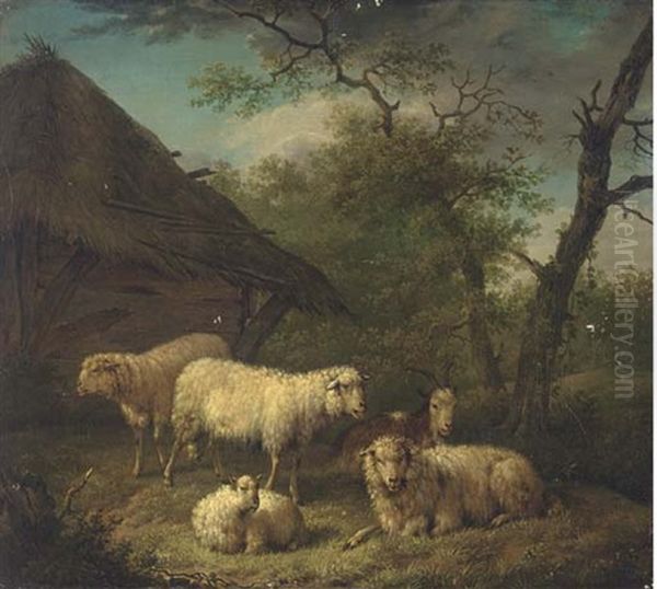 Sheep By A Barn In A Landscape Oil Painting by Simon van der Does