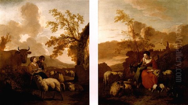 An Italianate Landscape With A Shepherdess Attending Her Animals And Reading A Letter To Her Son Oil Painting by Simon van der Does