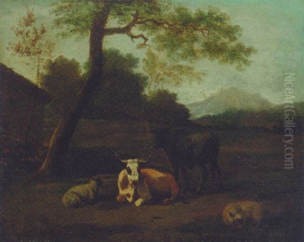 Cattle With Sheep In A Landscape Oil Painting by Simon van der Does