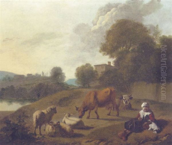 Cattle On The Banks Of A River, With A Small Girl And A Dog Oil Painting by Simon van der Does