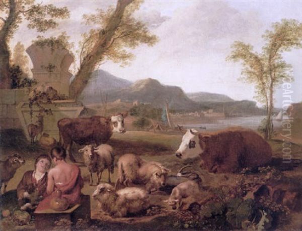 Two Young Shepherd Boys Seated In A Landscape With Their Cattle And Sheep, A Lake Beyond Oil Painting by Simon van der Does