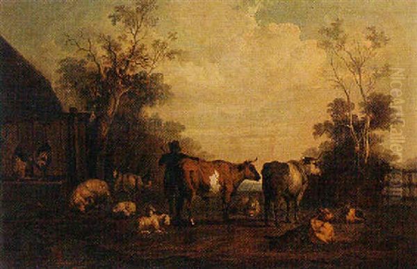 Cattle And Sheep Outside A Farm Building, Accompanied By A Herdsman Blowing A Horn Oil Painting by Simon van der Does