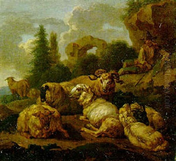 Landscapes With Herdsmen And A Flock Of Sheep Resting Near A Ruin Oil Painting by Simon van der Does