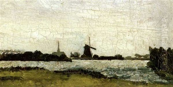 Riverlandscape With Windmill Oil Painting by Theo van Doesburg