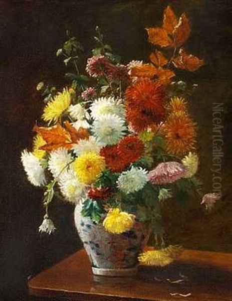 Opstilling Med Blomster I En Bemalet Imarivase Oil Painting by Augusta Dohlmann