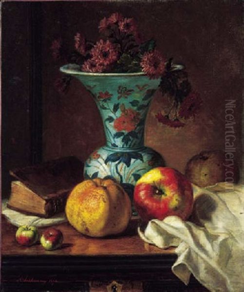 A Vase Of Crysanthemums, Apples And A Book On A Sideboard In An Interior Oil Painting by Augusta Dohlmann