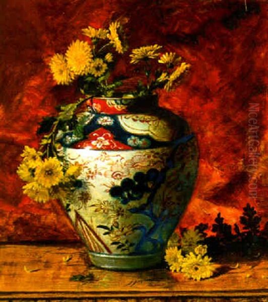 Chrysanthemums In An Imari Vase On A Table Oil Painting by Augusta Dohlmann