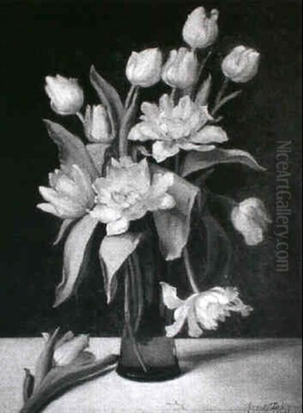 Lyserode Tulipaner I Et Glas Oil Painting by Augusta Dohlmann