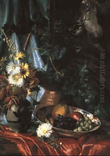 Nature Morte Med Fad Med Frugt, Krysantemer Og Kobberbotte Oil Painting by Augusta Dohlmann