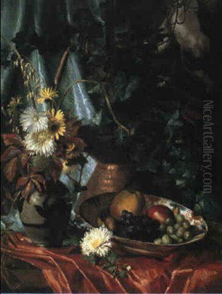 Nature Morte Med Fad Med Frugt, Chrysanthemer Og Kobberbotte Oil Painting by Augusta Dohlmann