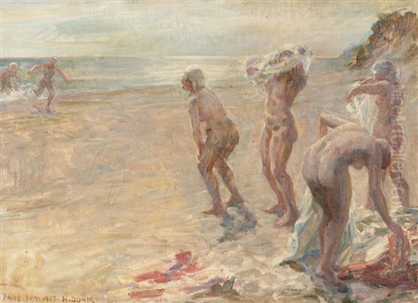 Beach Guests On Fanoe Oil Painting by Heinrich Dohm