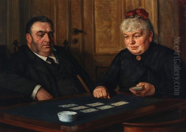 A Double Portrait Of An Elderly Couple, With The Woman Playing Solitaire Oil Painting by Heinrich Dohm