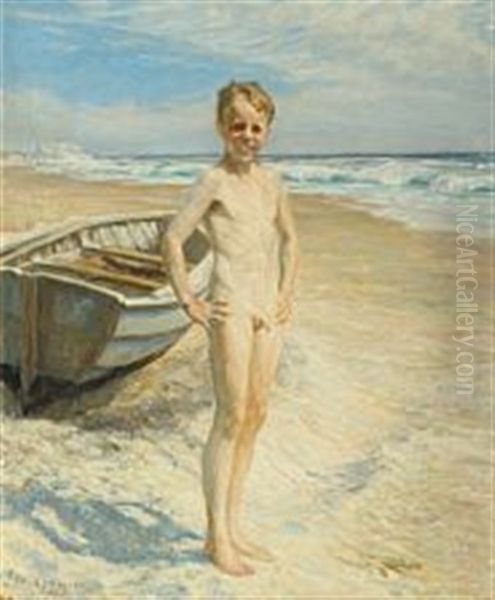 Naked Boy At Skagen Beach Oil Painting by Heinrich Dohm