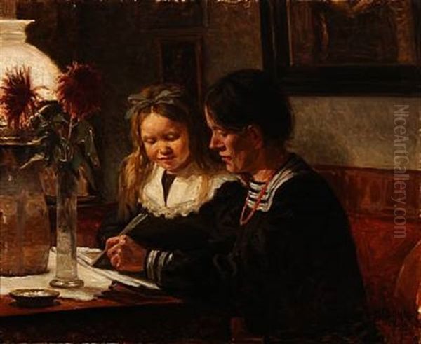 A Mom Reads With Her Daughter Oil Painting by Heinrich Dohm