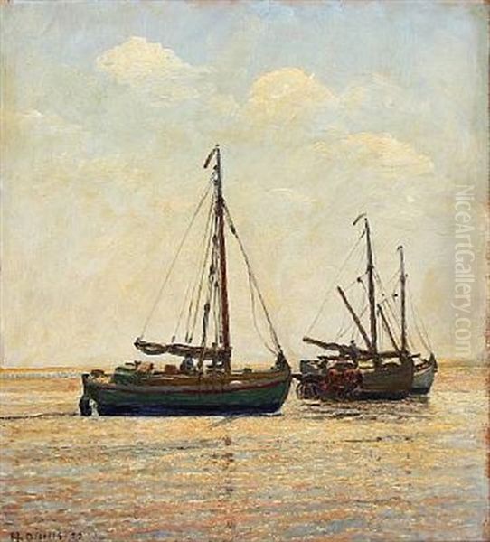 Coastal Scene With Fishing Boats Oil Painting by Heinrich Dohm