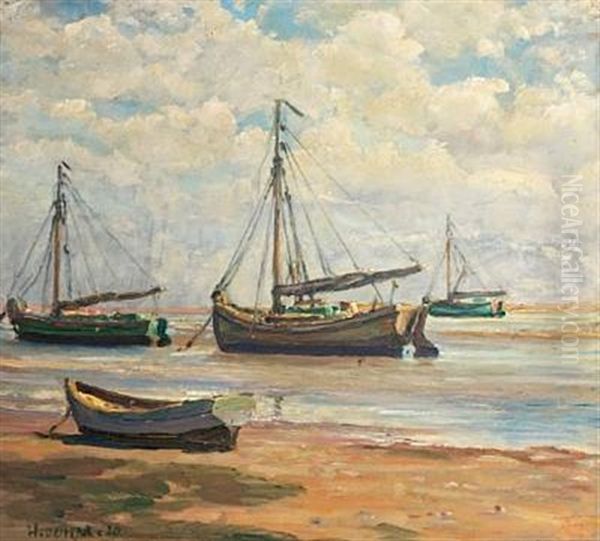 Boats On Shore At Sonderho, Low Tide Oil Painting by Heinrich Dohm