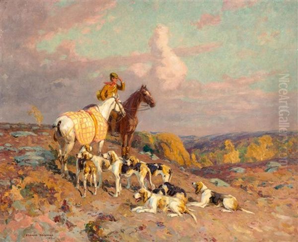 Chevaux Et Chiens De Chasse - Hunter And Dogs Resting Oil Painting by Edouard Edmond Doigneau