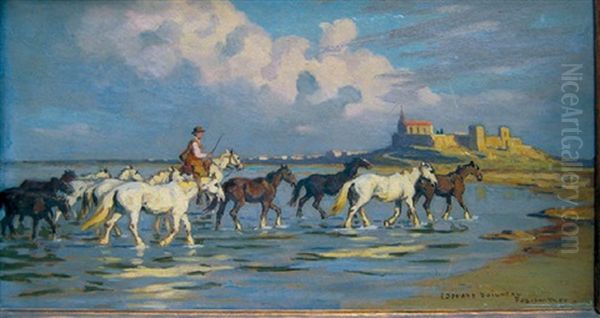 Chevaux Devant Fos-sur-mer Oil Painting by Edouard Edmond Doigneau