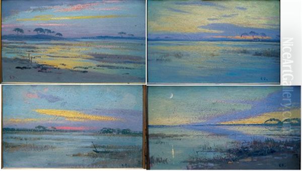 Coucher De Soleil Sur Les Marais Camarguais (4 Works) Oil Painting by Edouard Edmond Doigneau