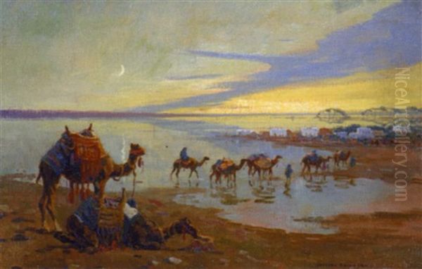 Caravane Au Soleil Couchant Lors Des Innondations Du Nil Oil Painting by Edouard Edmond Doigneau