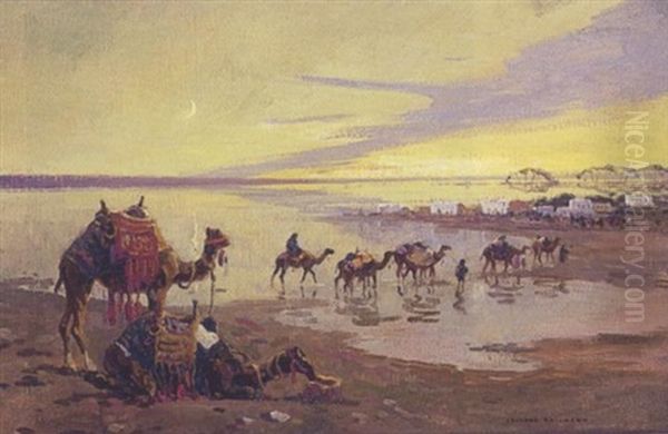 Caravane Au Soleil Couchant.  Inondation Du Nil Oil Painting by Edouard Edmond Doigneau