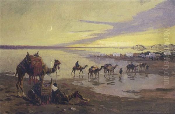 Caravane Au Soleil Couchant. Inondation Du Nil Oil Painting by Edouard Edmond Doigneau