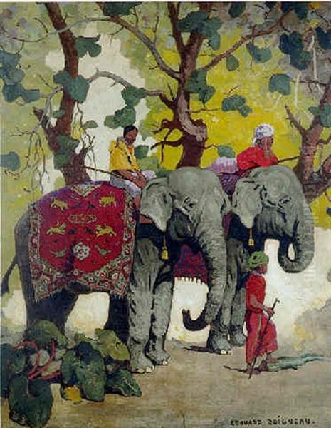 Elephants Caparaconnes Et Cornacs En Foret Oil Painting by Edouard Edmond Doigneau