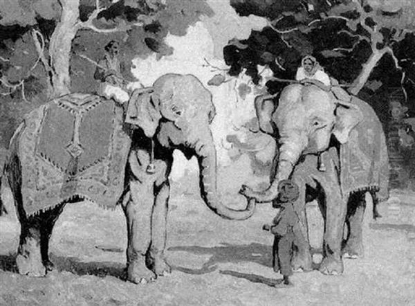 Deux Elephants Et Leur Cornac Oil Painting by Edouard Edmond Doigneau