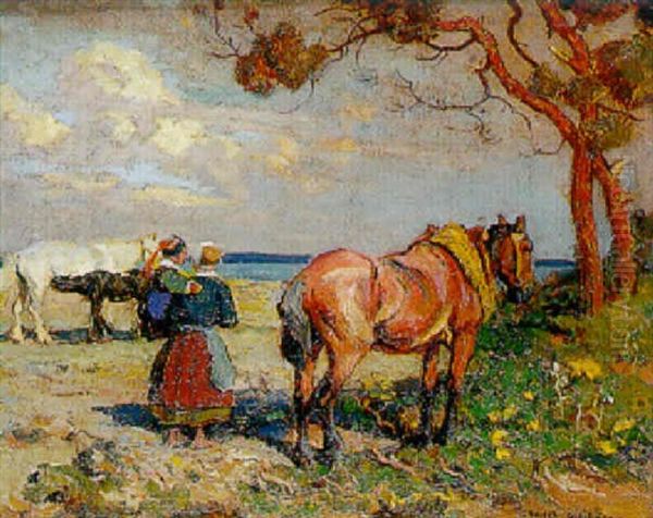 Famille Bretonne Au Bord De La Mer Oil Painting by Edouard Edmond Doigneau