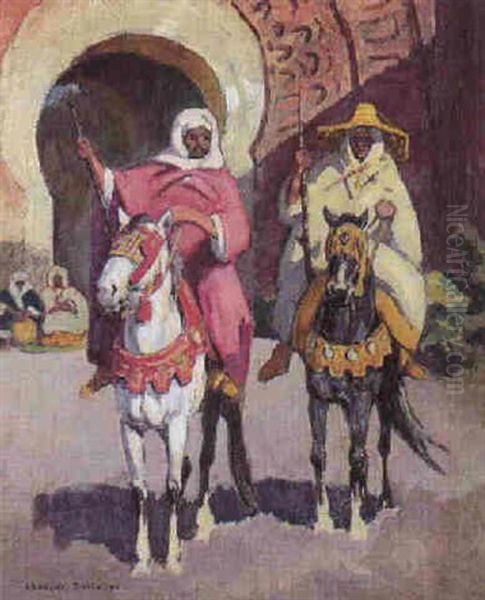 Cavaliers Marocains Devant Bab Mansour, Meknes Oil Painting by Edouard Edmond Doigneau