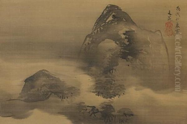 Travellers At The Foot Of Mt. Fuji (pair) Oil Painting by Sakai Doitsu