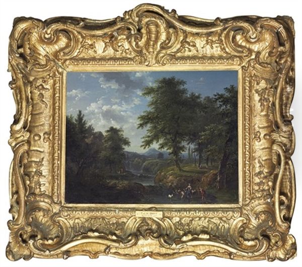 An Extensive River Landscape With Shepherdesses Oil Painting by Francois Joseph Aloyse Doix