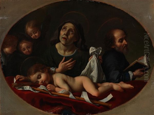 The Sleeping Infant Saint John The Baptist With Saints Elizabeth And Zacharias And Cherubs Oil Painting by Carlo Dolci