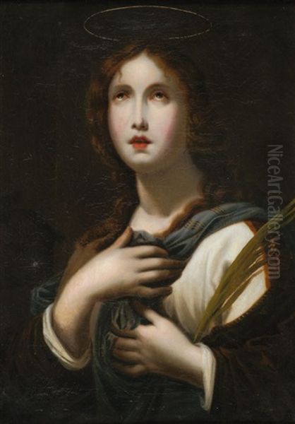 Heilige Agnes Halbfigur Mit Palmwedel Im Linken Arm Und Lamm Zu Ihrer Rechten Seite Oil Painting by Carlo Dolci