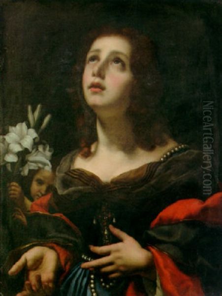 A Portrait Of A Female Saint With A Cherub Holding Lillies Oil Painting by Carlo Dolci