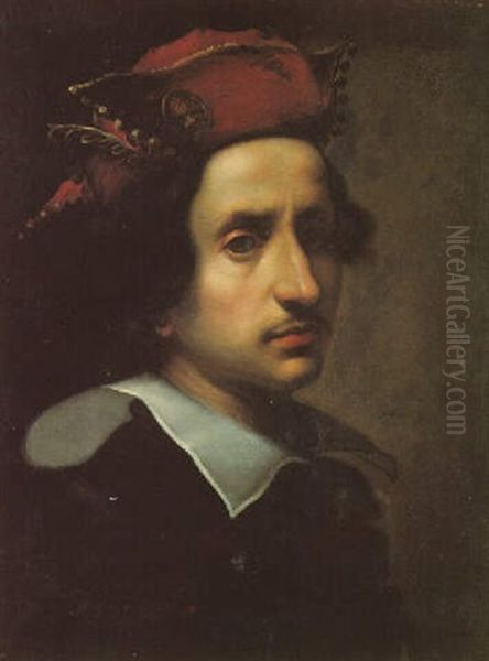 Portrait Of A Man, Head And Shoulders, Wearing A Red Hat And A Black Coat Oil Painting by Carlo Dolci