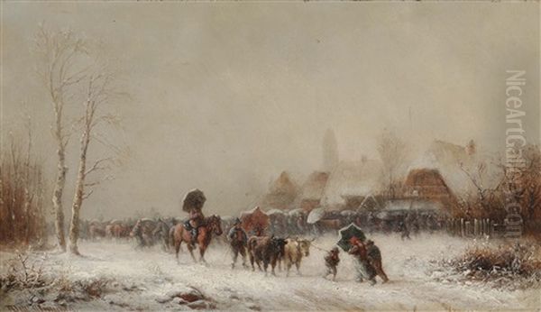 Cattle Market In A Snow Flurry Oil Painting by Anton Doll