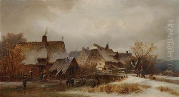 Wintry Village Landscape Oil Painting by Anton Doll